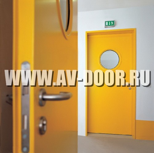 Фото работы: Жёлтая противопожарная дверь с круглым стеклом