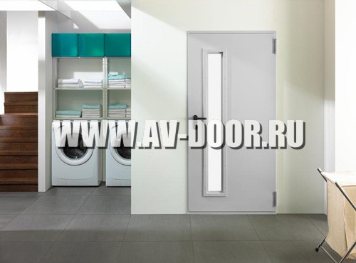 Фото работы: Серая огнеупорная дверь с узким остеклением