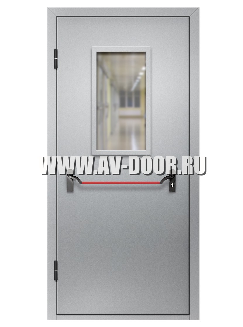 Дверь противопожарная однопольная с прямоугольным стеклом и антипаникой EI-90 ДМП-1О