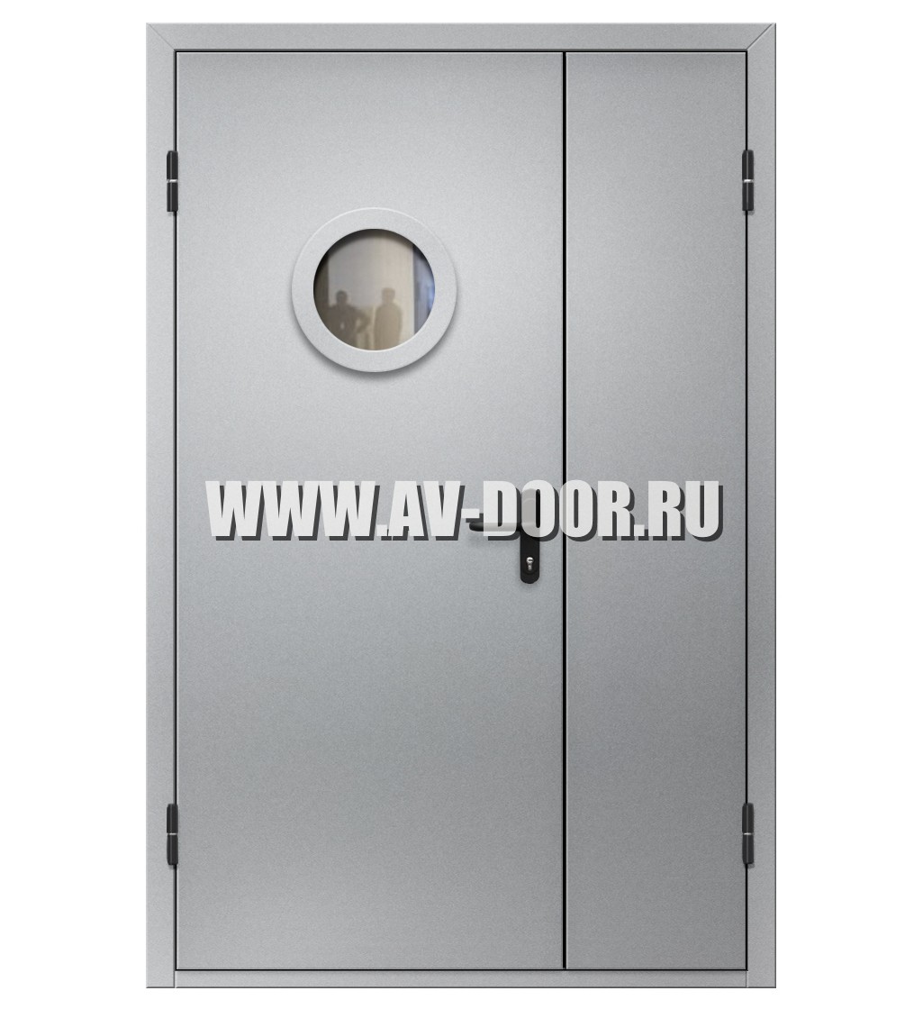 Дверь противопожарная полуторостворчатая с круглым стеклом EI-90 ДМП-2О