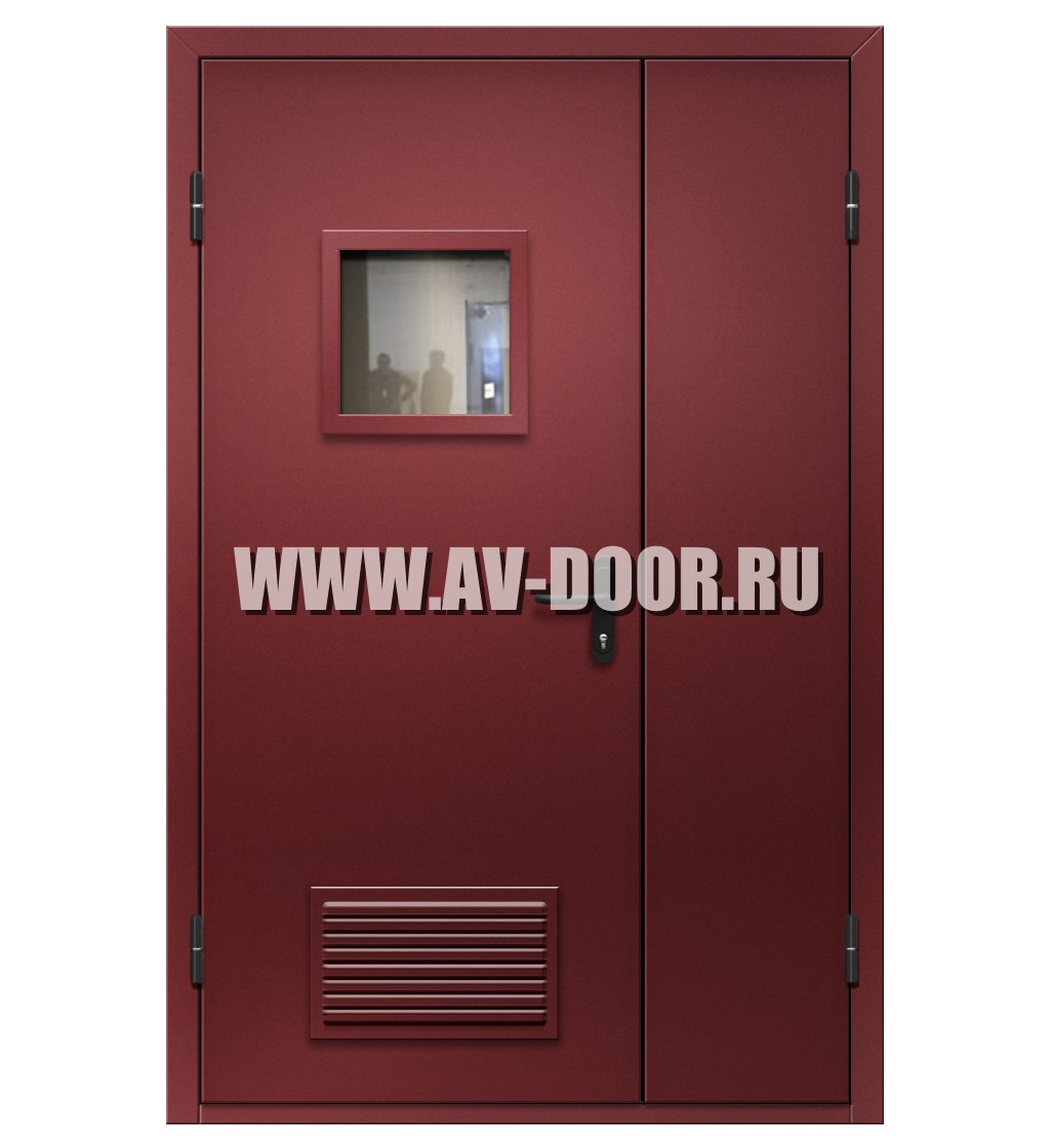 Дверь противопожарная полуторостворчатая с квадратным стеклом и решеткой EI-90 ДМП-2О