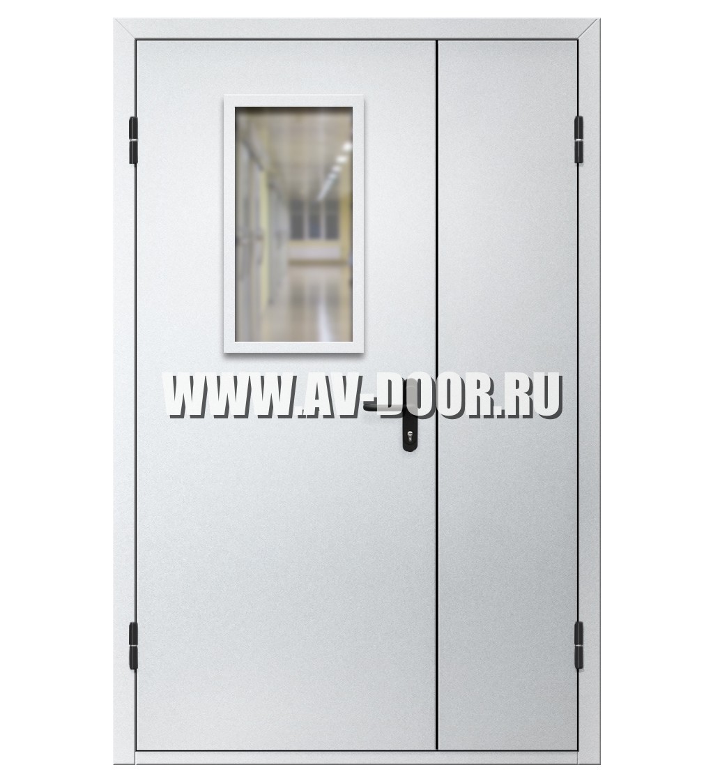 Дверь противопожарная полуторостворчатая с прямоугольным стеклом EI-60 ДМП-2О