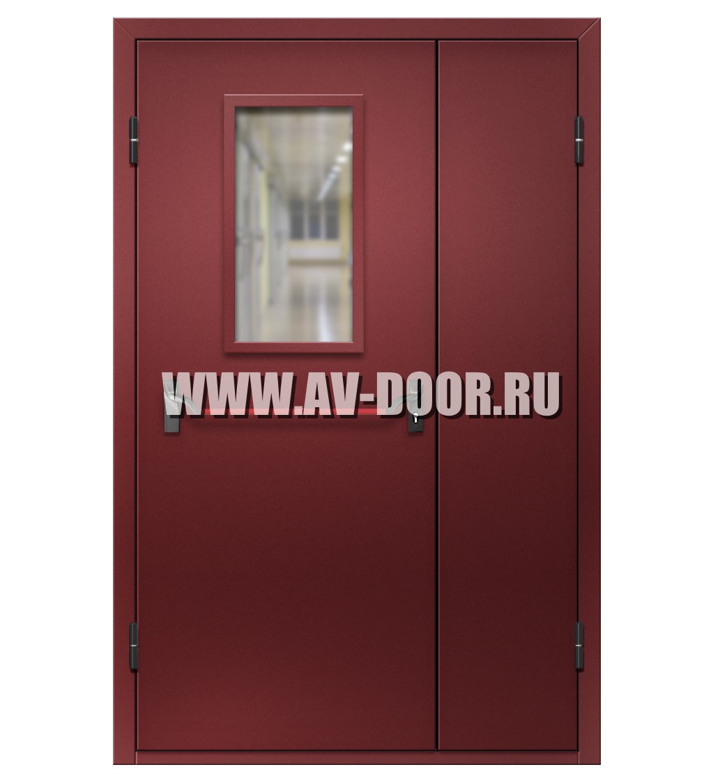 Дверь противопожарная полуторостворчатая с прямоугольным стеклом и антипаникой EI-60 ДМП-2О