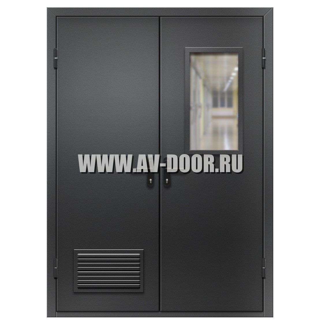 Дверь противопожарная двухстворчатая с прямоугольным стеклом и решеткой EI-60 ДМП-2О