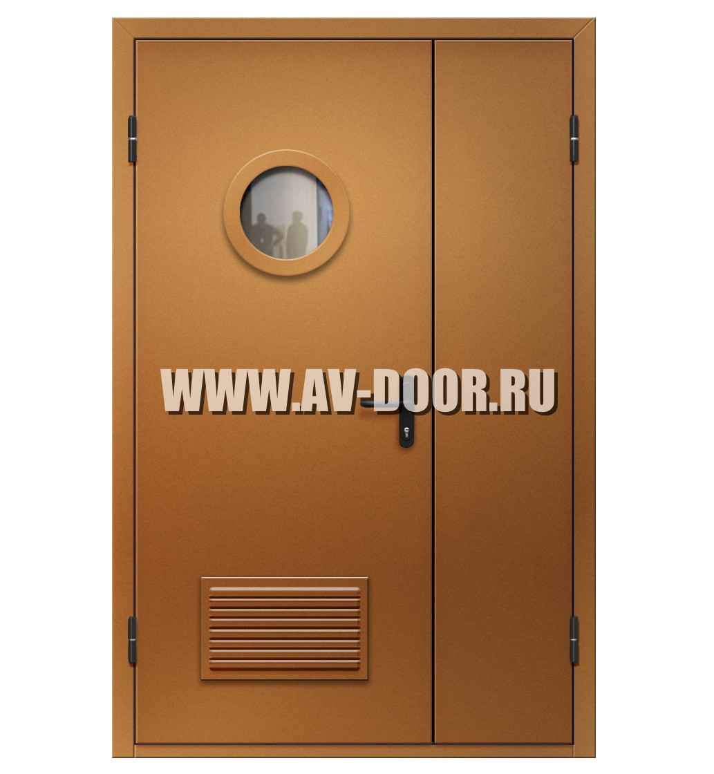 Дверь противопожарная полуторостворчатая с круглым стеклом и вентиляционной решеткой EI-60 ДМП-2О