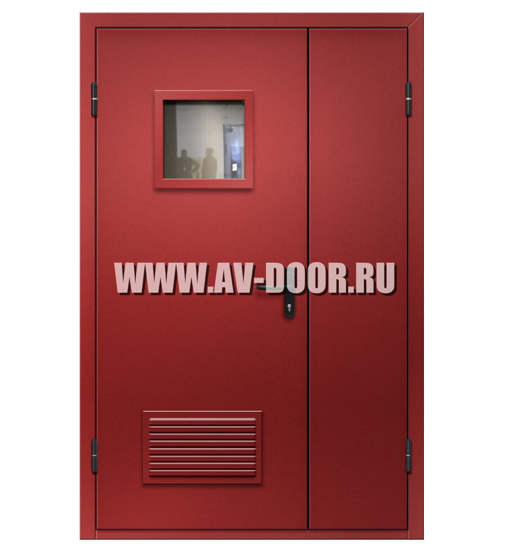 Дверь противопожарная полуторостворчатая с квадратным стеклом и вентиляционной решеткой EI-60 ДМП-2О