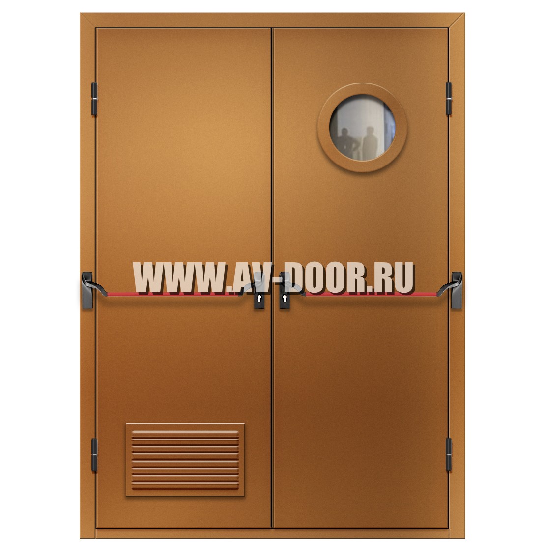 Дверь противопожарная двухстворчатая с антипаникой, стеклом и решеткой EI-60 ДМП-2О