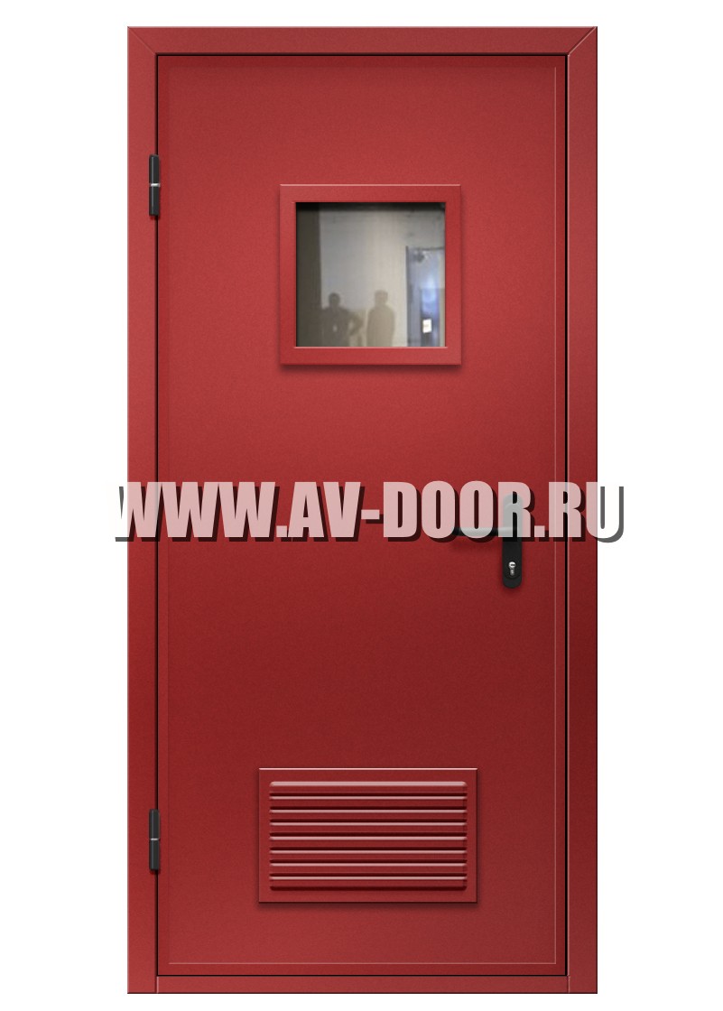 Дверь противопожарная однопольная с квадратным стеклом и вентиляционной решеткой EI-30 ДМП-1О