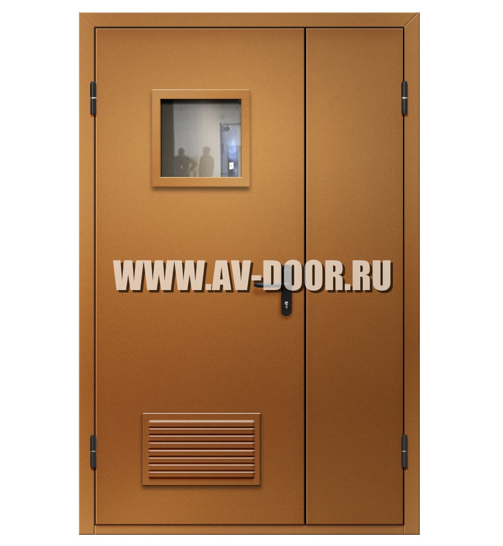 Дверь противопожарная полуторостворчатая с квадратным стеклом и вентиляционной решеткой EI-30 ДМП-2О