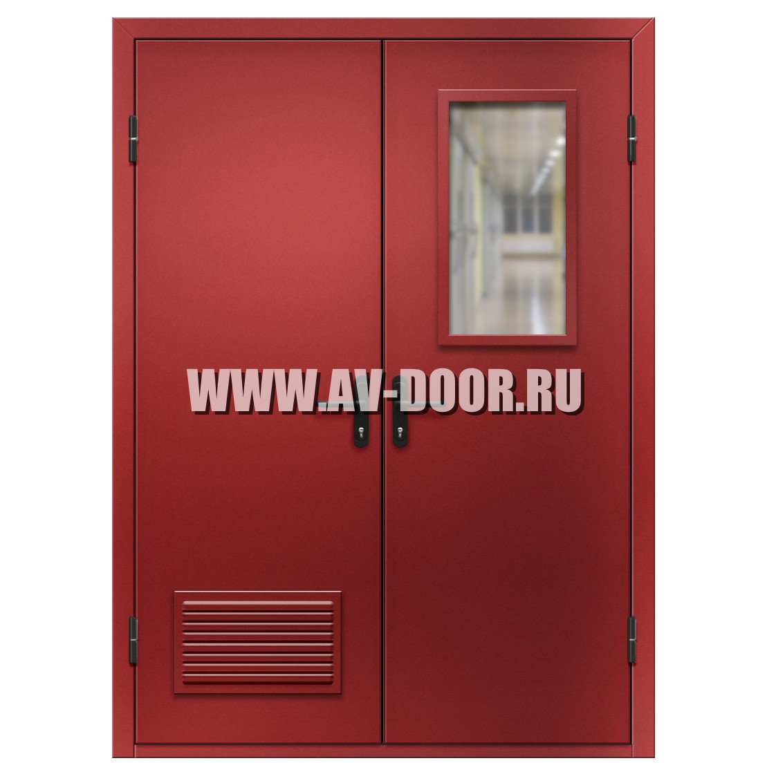 Дверь противопожарная двухстворчатая с прямоугольным стеклом и вентиляционной решеткой ДМП-2О