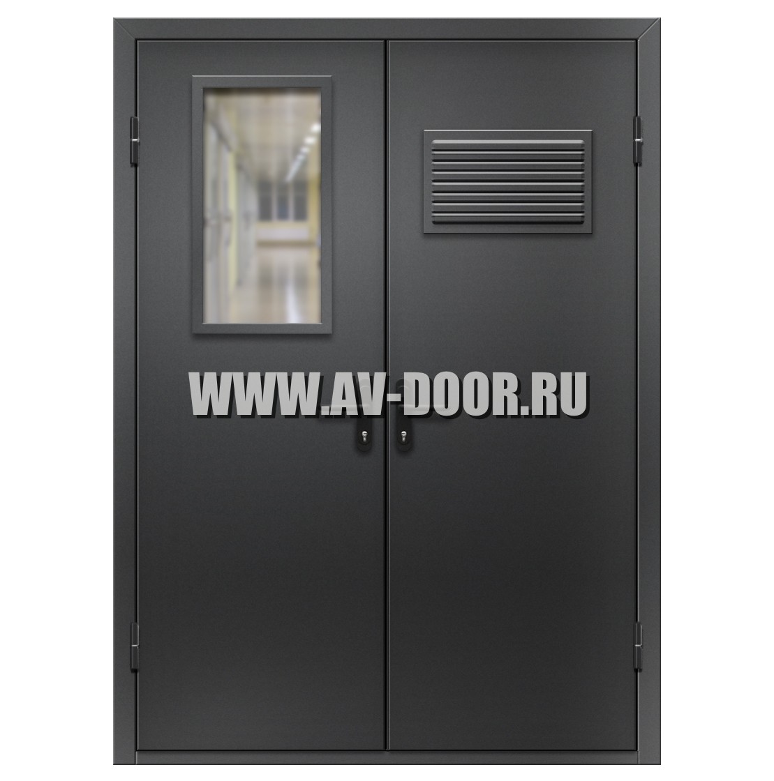 Дверь противопожарная двупольная с прямоугольным стеклом и вентиляционной решеткой ДМП-2О