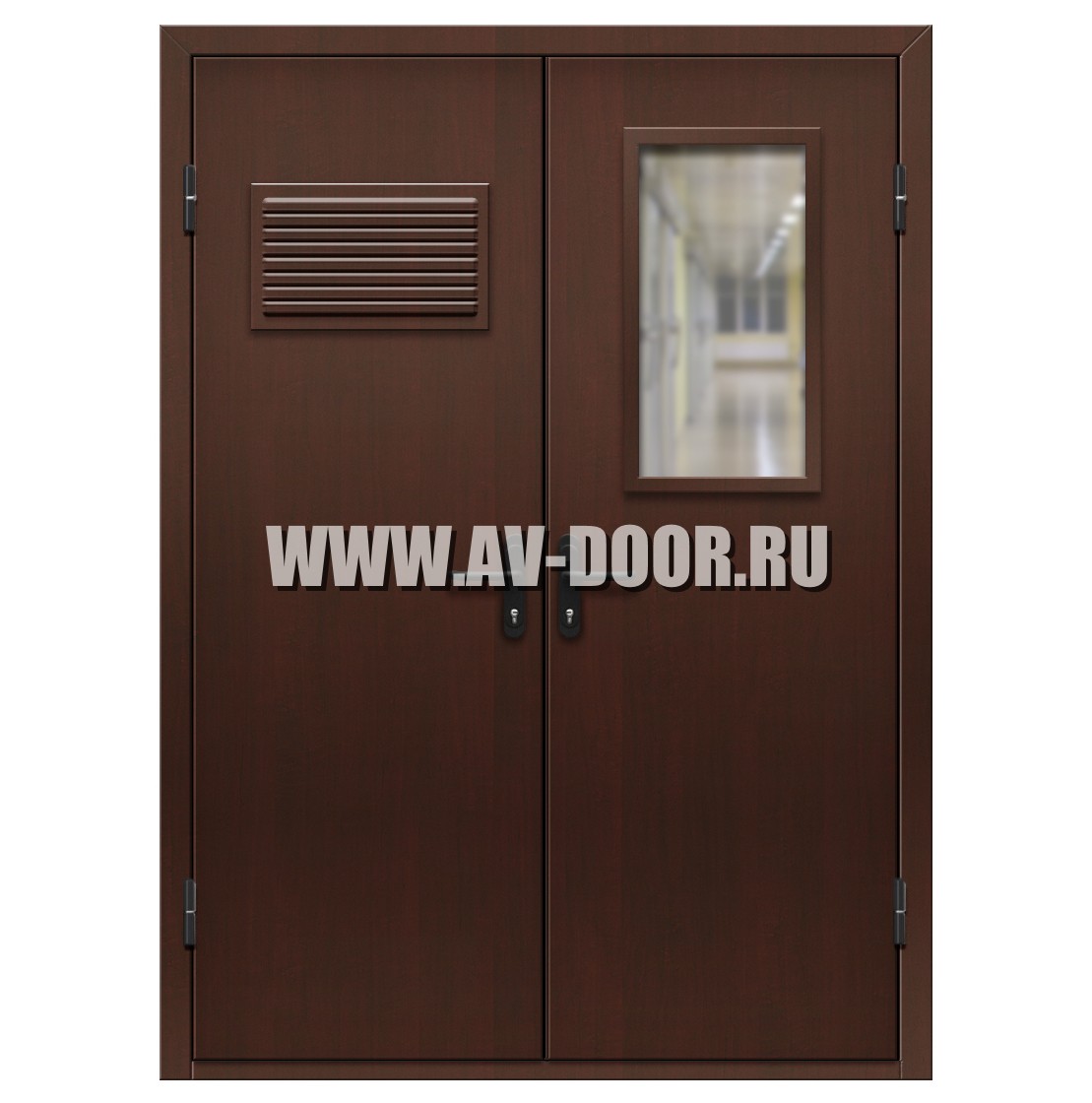 Дверь противопожарная двухстворчатая с прямоугольным стеклом и решеткой с МДФ ДМП-2О