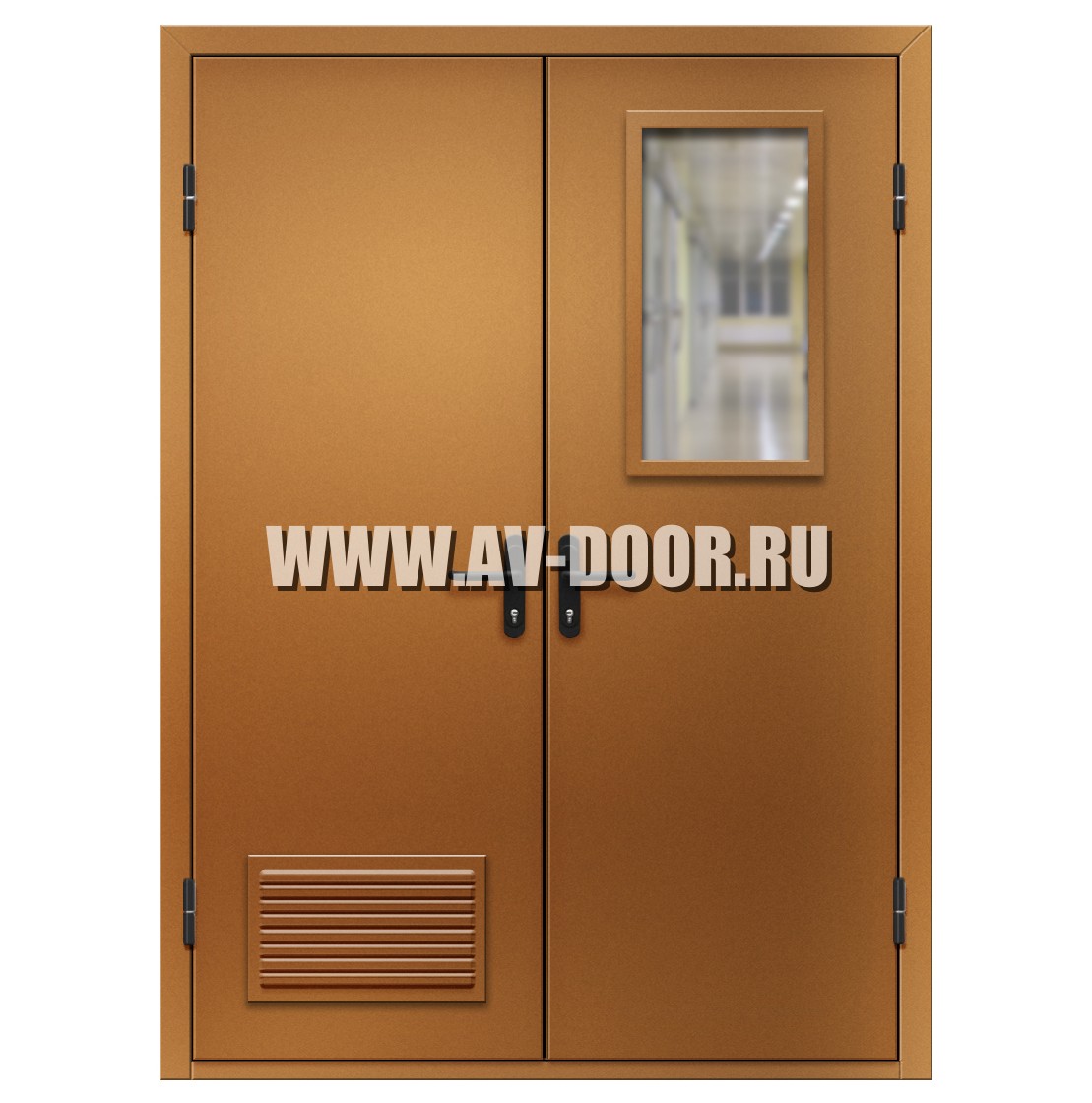 Дверь противопожарная двухстворчатая с прямоугольным стеклом и решеткой ДМП-2О