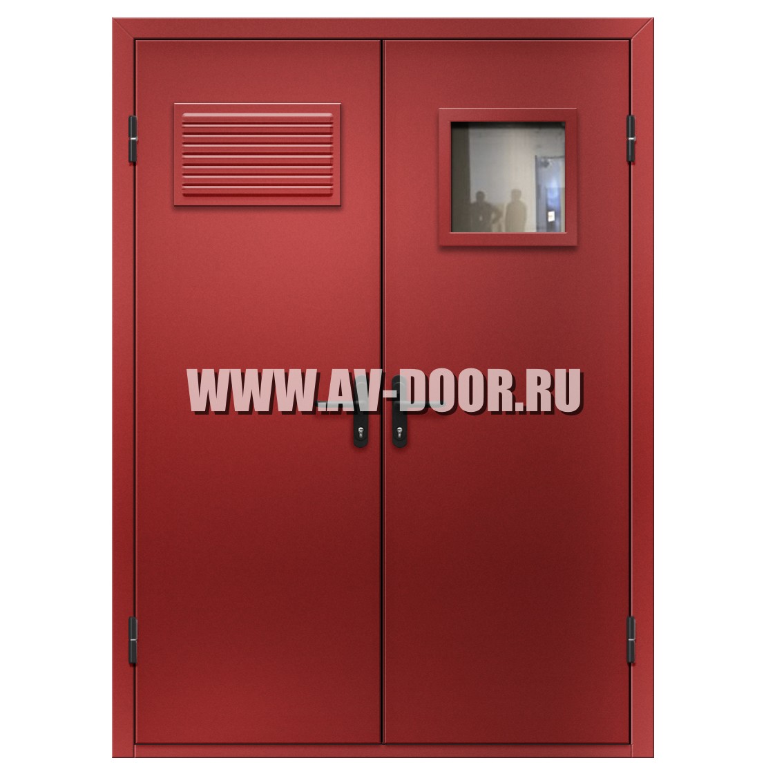 Дверь противопожарная двупольная с квадратным стеклом и вентиляционной решеткой ДМП-2О