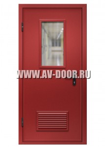 Дверь противопожарная одностворчатая с прямоугольным стеклом и вентиляционной решеткой красная ДМП-1О
