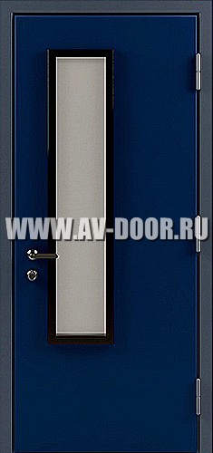 Синяя противопожарная одностворчатая дверь с прямоугольным стеклом