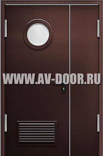 Противопожарная полуторная дверь с круглым стеклом и решеткой