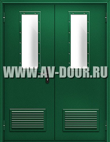 Противопожарная двупольная дверь с прямоугольными стеклами и решетками