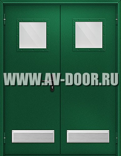 Двухстворчатая противопожарная дверь с решетками и стеклами
