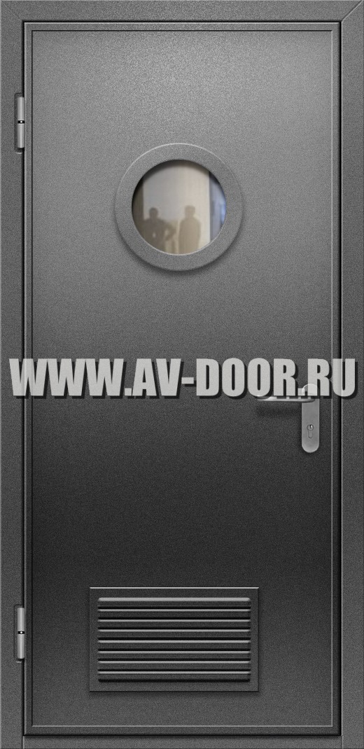 Противопожарная однопольная дверь с круглым стеклом и решеткой