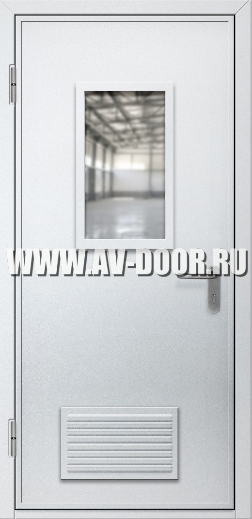 Однопольная противопожарная дверь с прямоугольным стеклом и решеткой
