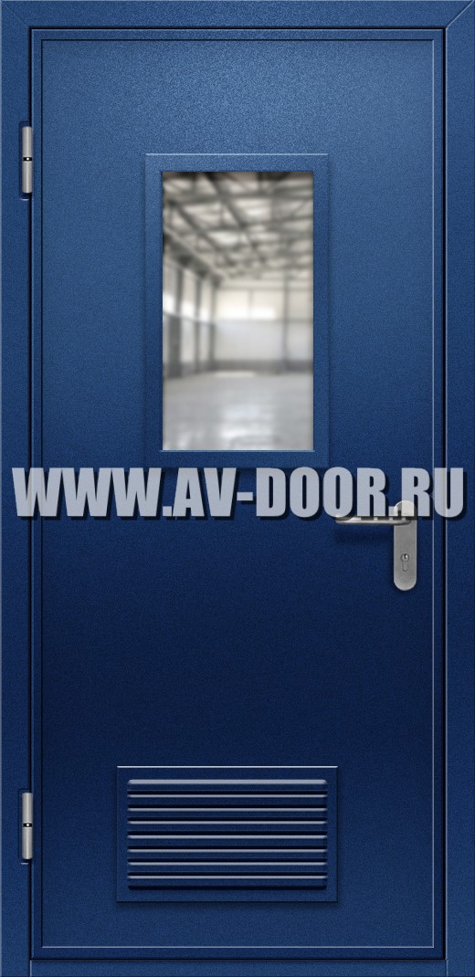 Противопожарная одностворчатая дверь с прямоугольным стеклом и решеткой
