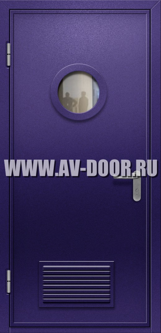 Противопожарная однопольная дверь с круглым стеклом и решеткой