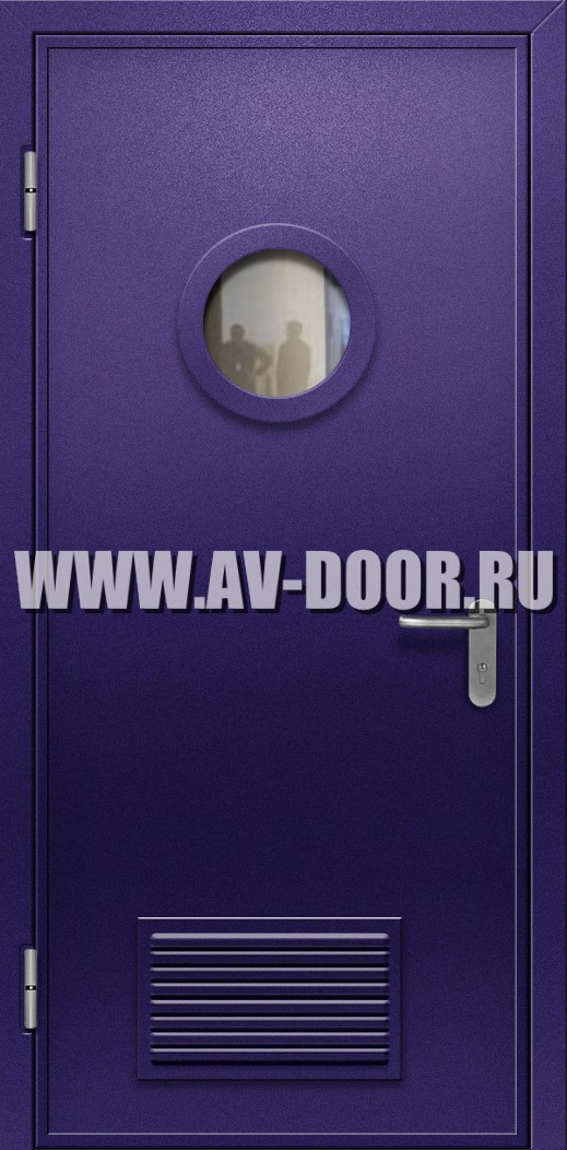 Дверь противопожарная однопольная без порога с круглым стеклом и решеткой