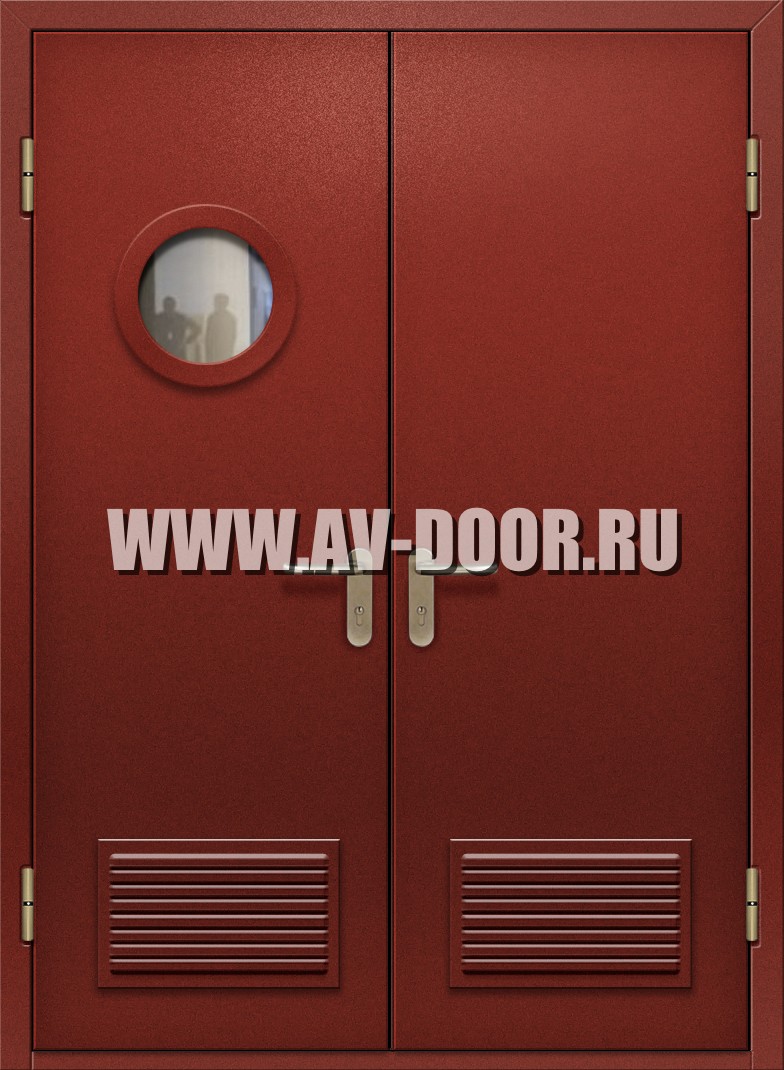 Противопожарная двупольная дверь с круглым стеклом и решетками