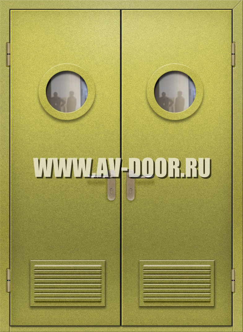 Противопожарная двухстворчатая дверь с круглыми стеклами и решетками