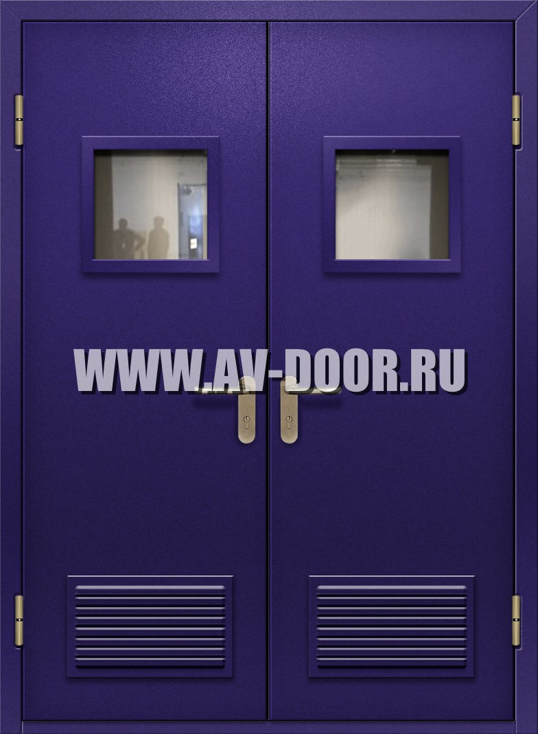 Противопожарная двухстворчатая дверь с квадратными стеклами и решетками