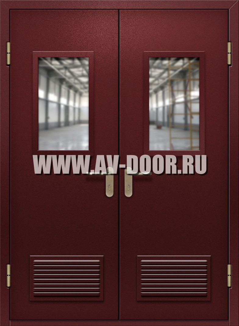 Противопожарная двухстворчатая дверь с прямоугольными стеклами и решетками