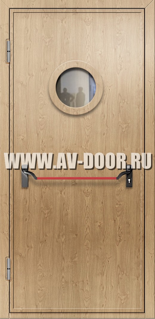 Противопожарная одностворчатая дверь из МДФ с антипаникой и круглым стеклом