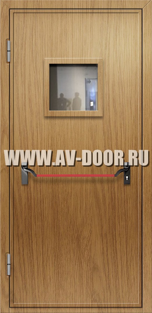 Однопольная противопожарная дверь из МДФ с антипаникой и квадратным стеклом