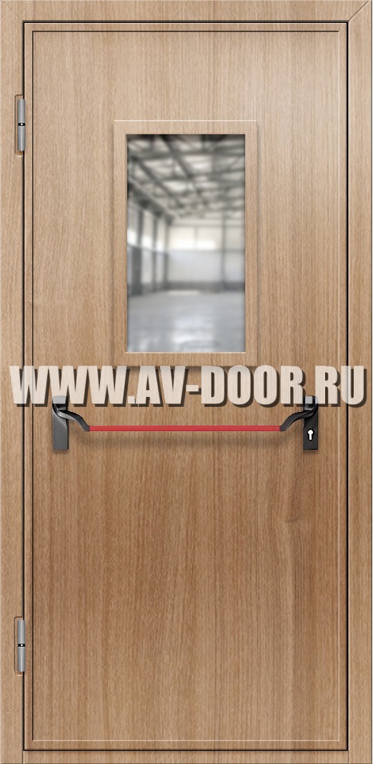 Противопожарная одностворчатая дверь из МДФ с антипаникой и прямоугольным стеклом