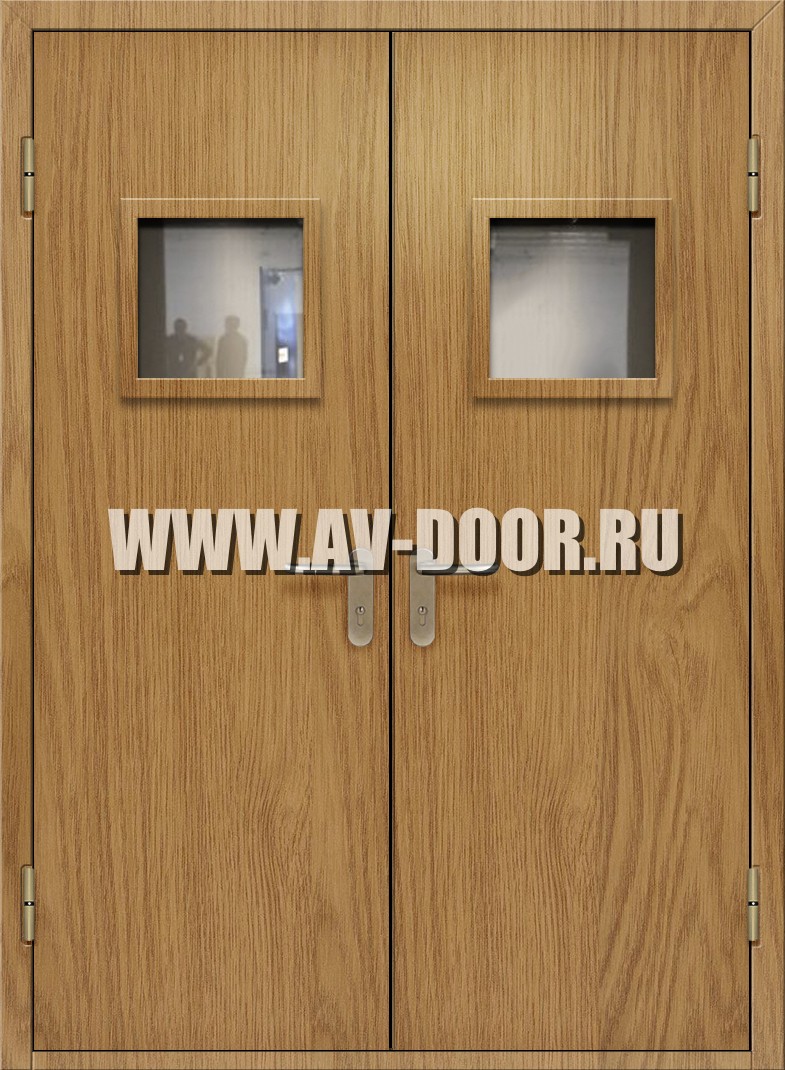 Противопожарная двупольная дверь из МДФ с квадратными стеклами