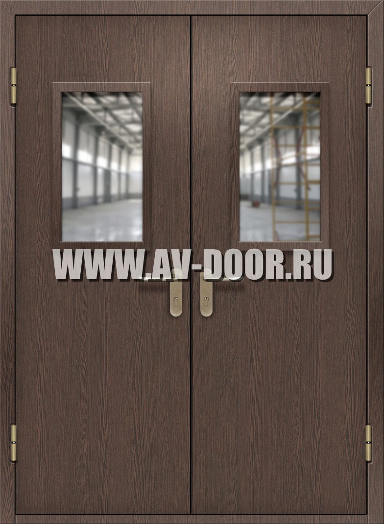 Противопожарная двупольная дверь из МДФ с прямоугольными стеклами