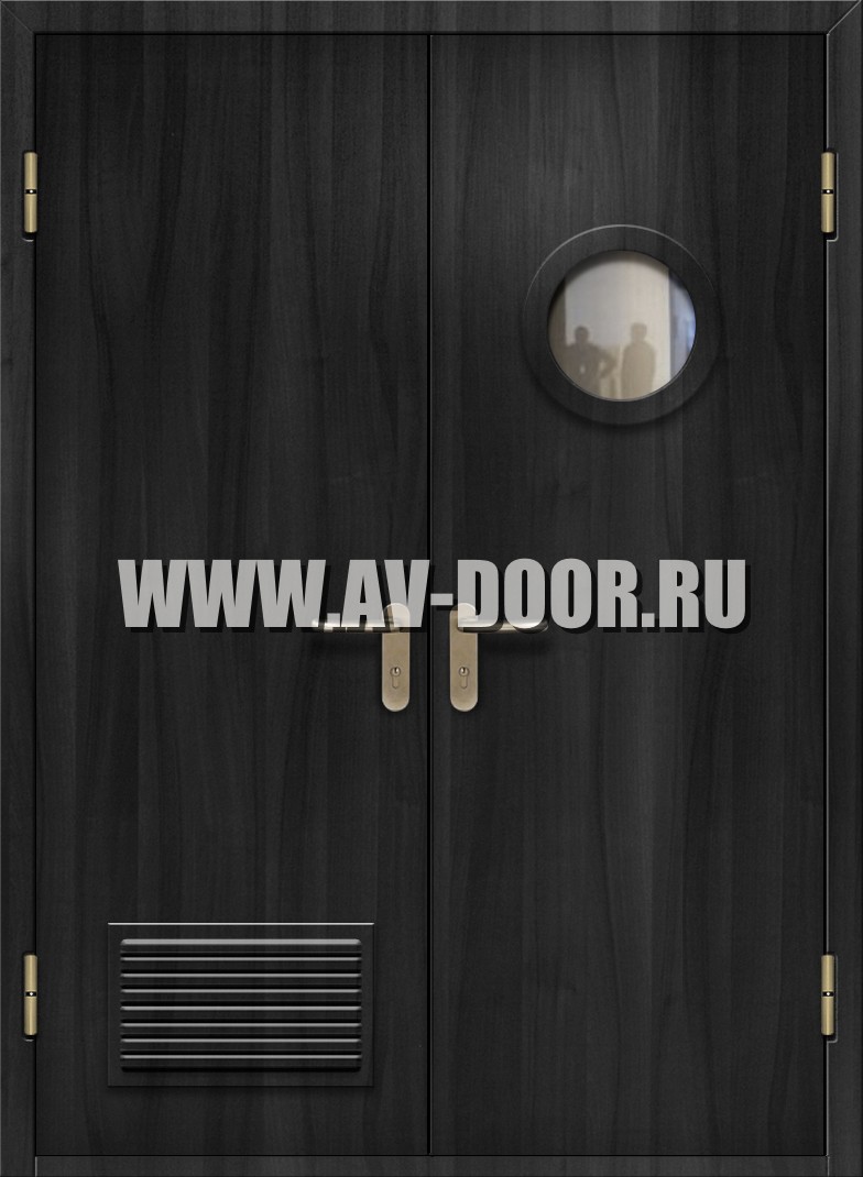 Противопожарная двупольная дверь из МДФ с круглым стеклом и решеткой