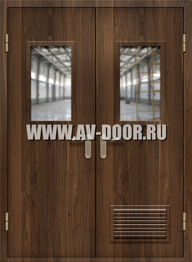 Противопожарная двупольная дверь из МДФ с прямоугольными стеклами и решеткой