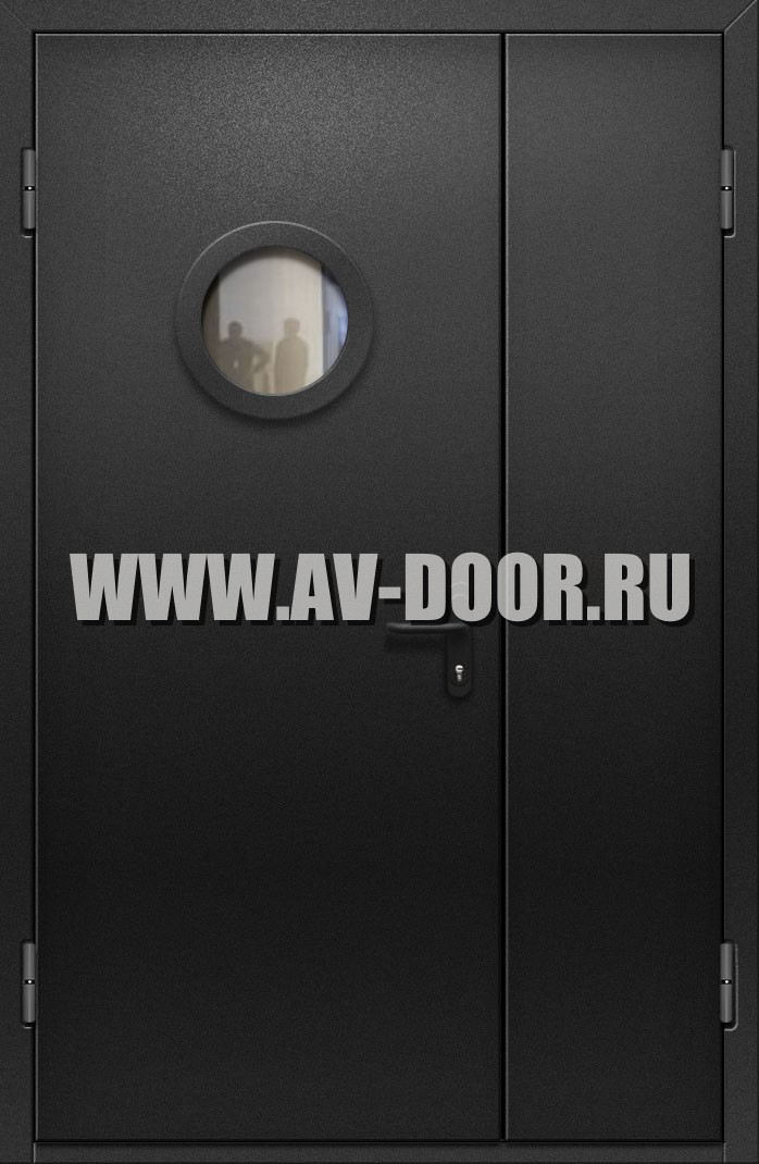 Противопожарная полуторная дверь со стеклом серая