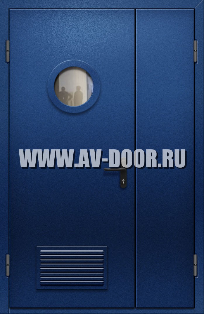 Полуторная противопожарная дверь со стеклом и решеткой