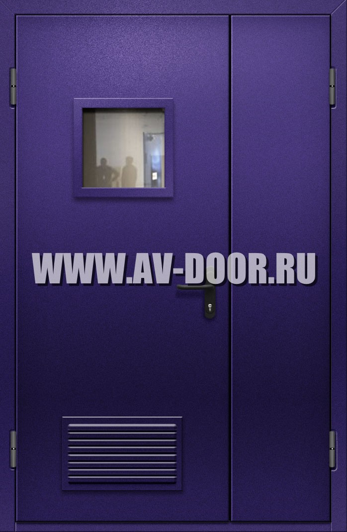 Противопожарная полуторная дверь со стеклом и решеткой