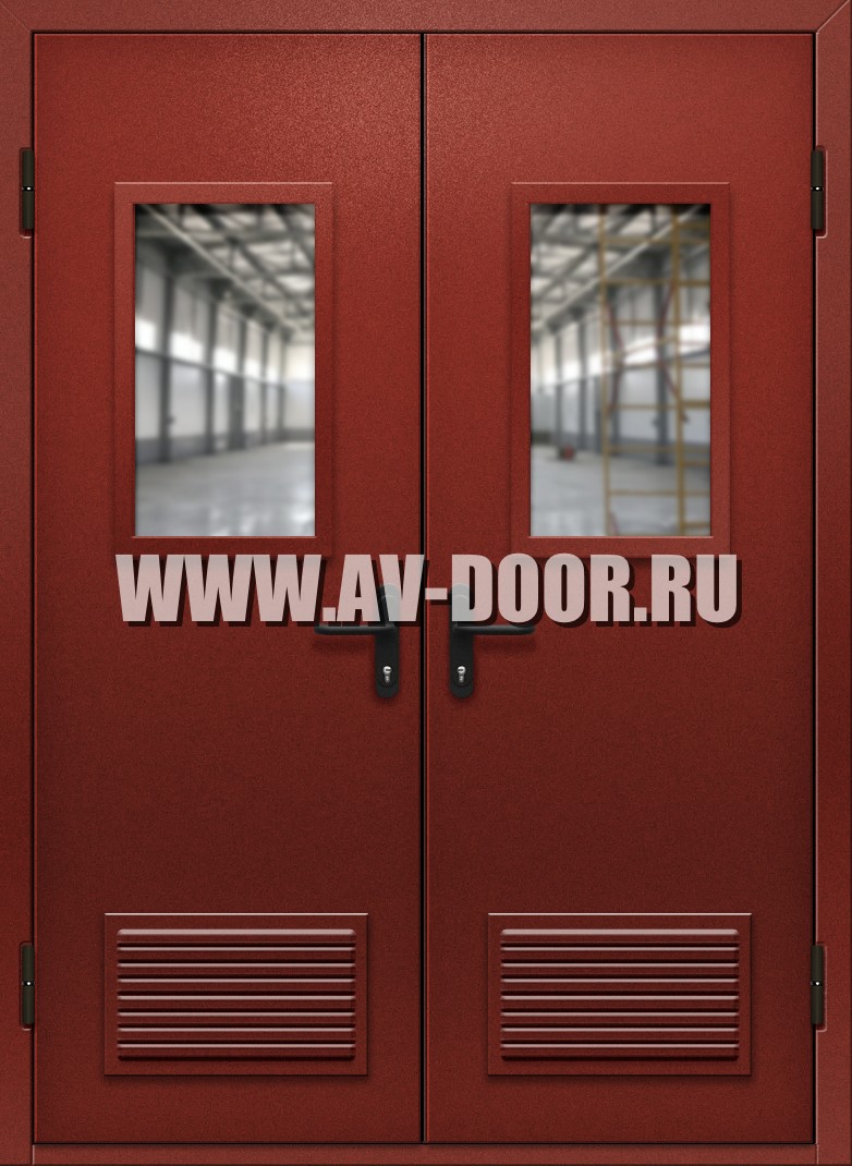 Двупольная противопожарная дверь с прямоугольными стеклами и решетками