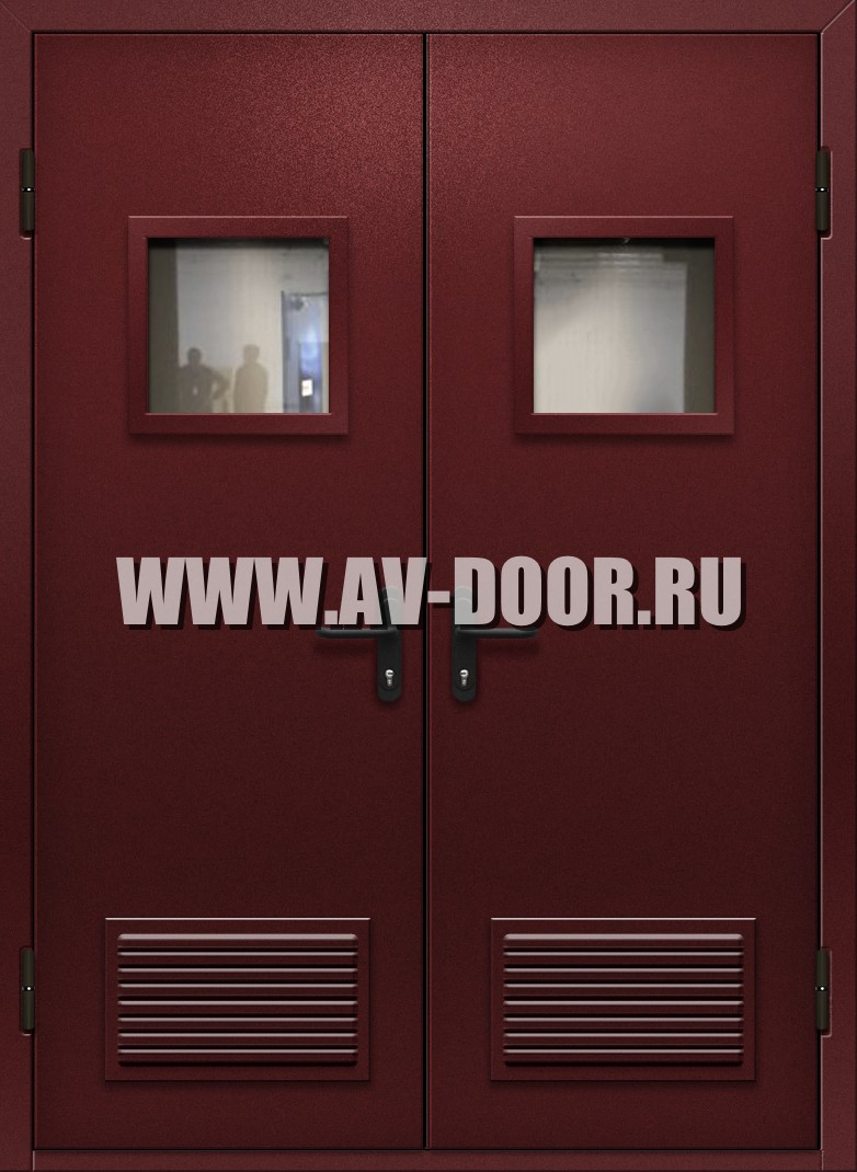 Двупольная противопожарная дверь с квадратными стеклами и решетками