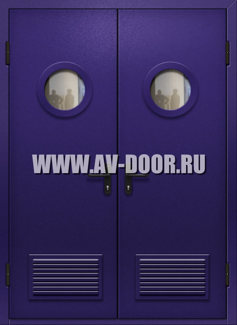 Двупольная дверь с защитой от огня, круглыми стеклами и решетками