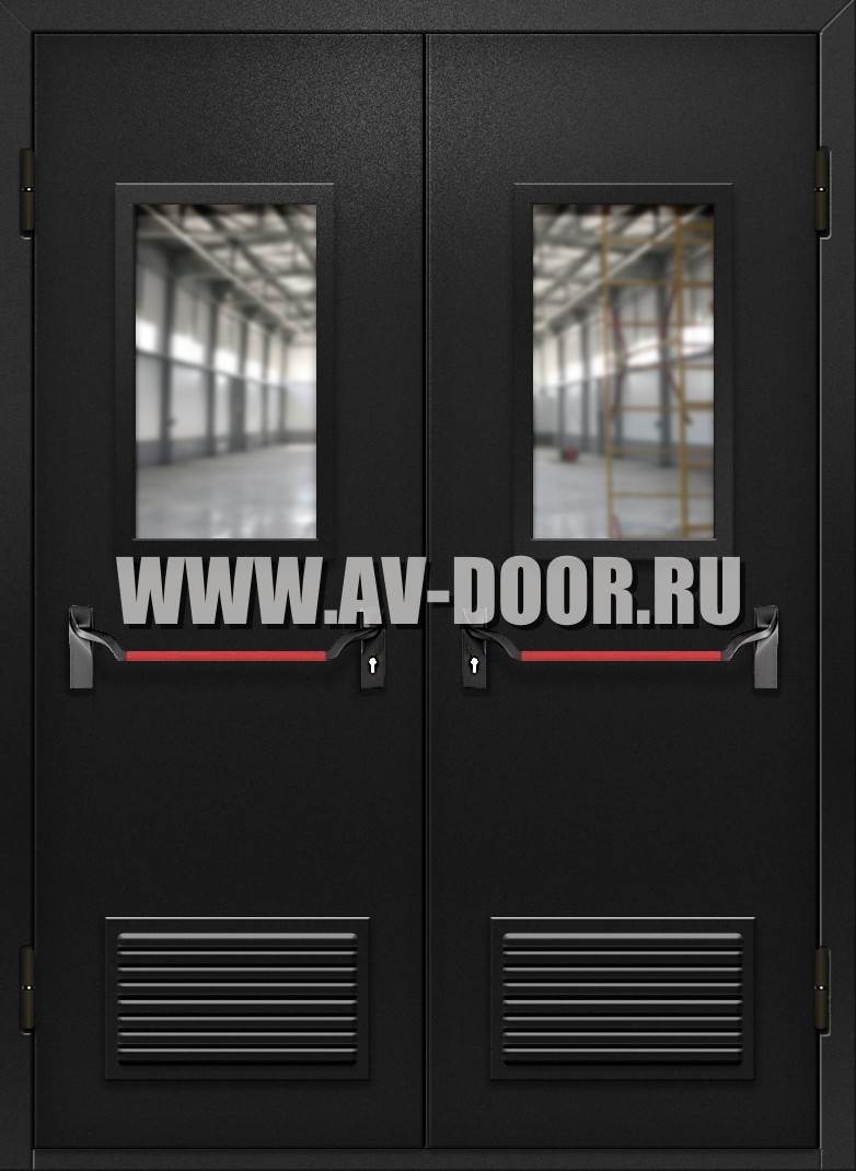 Двупольная противопожарная дверь с прямоугольными стеклами, решетками и антипаникой