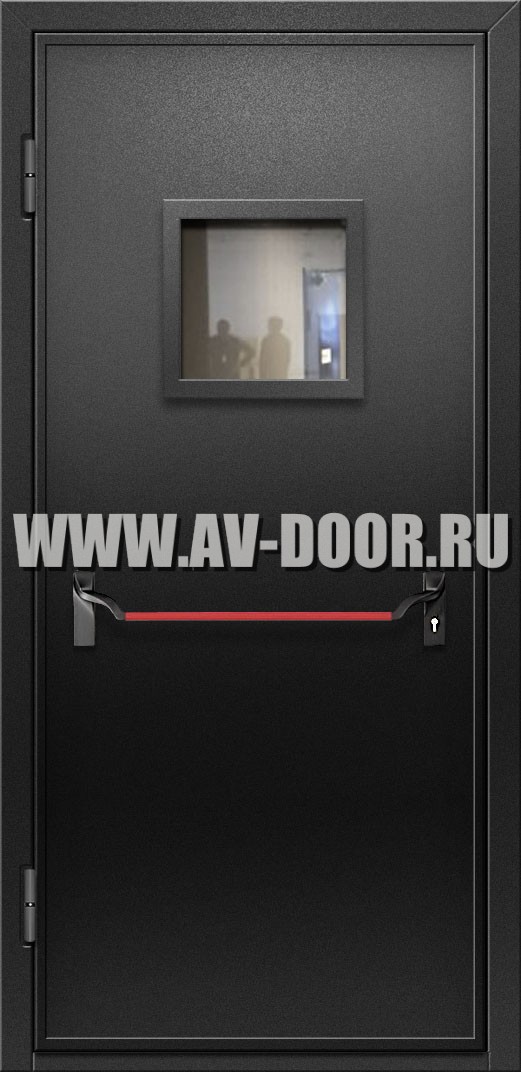 Дверь противопожарная серая со стеклом и антипаникой