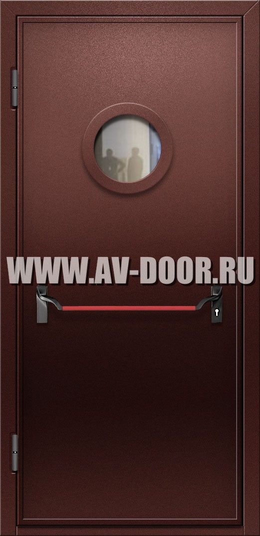 Противопожарная дверь коричневая с круглым стеклом и антипаникой