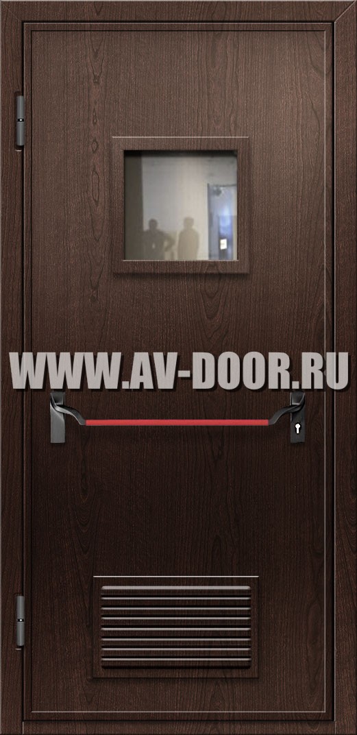 Противопожарная дверь из МДФ со стеклом, решеткой и антипаникой