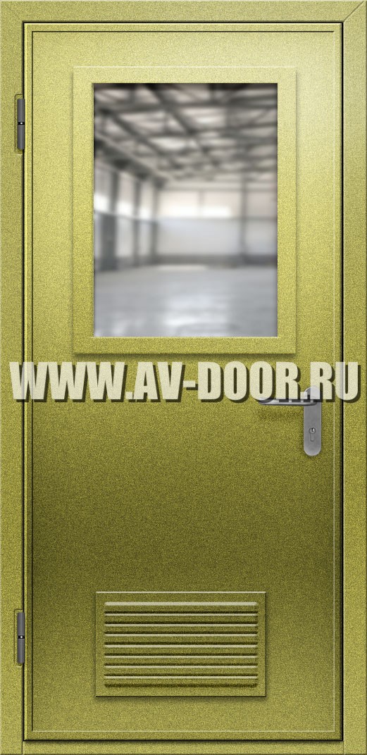 Жёлтая противопожарная однопольная дверь со стеклом и решеткой